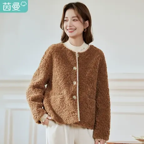 茵曼气质羊羔毛短款外套女装2023年冬季新款百搭纯色毛绒长袖上衣图片