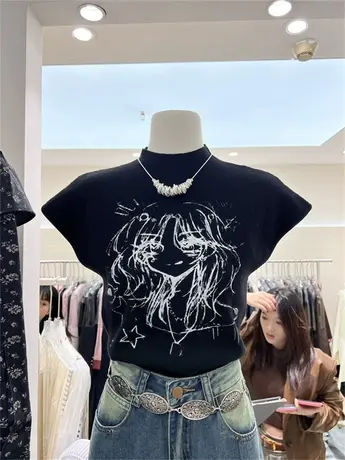 十三行早秋新款美式复古印花半高领百搭修身辣妹短袖T恤女士上衣图片