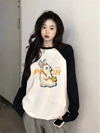 仿棉长袖t恤2023新款欧货女装春秋冬季内搭打底衫韩版宽松上衣潮商品大图