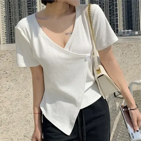 设计感小众正肩冰丝薄款短袖T恤女夏季不规则独特别致短款上衣服商品大图