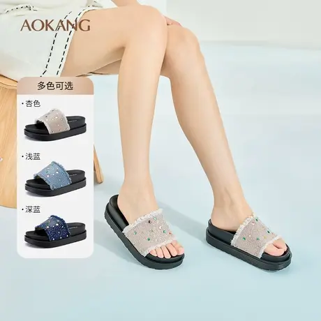 【增高5CM】奥康女鞋夏季新款帆布牛仔露趾凉拖鞋时尚户外厚底拖图片