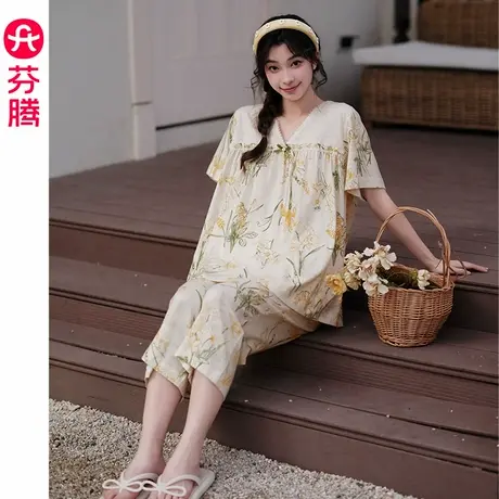 芬腾女士睡衣夏季纯棉短袖七分裤套装夏天凉感女款甜美薄款家居服商品大图