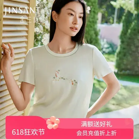 金三塔真丝小衫女100%桑蚕丝简约撞色小圆领宽松透气短袖休闲T恤商品大图