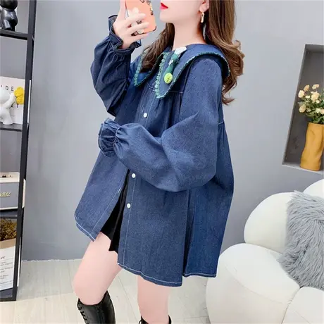 娃娃领牛仔衬衫女2023年新款早秋韩版宽松洋气甜美设计感外套上衣商品大图