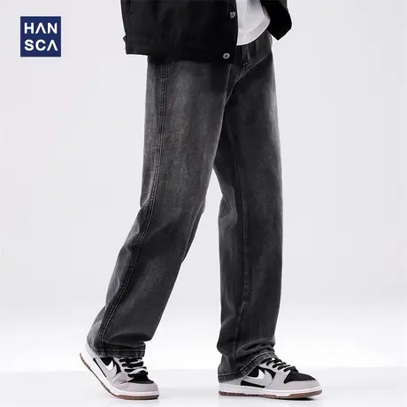 hansca黑灰色直筒牛仔裤男秋季新款复古水洗做旧青少年宽松长裤子商品大图