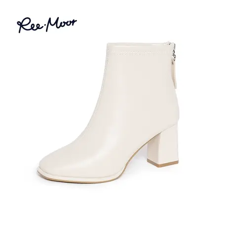 REEMOOR睿慕2023冬季新款法式高跟白色短靴女方头粗跟纯色小踝靴图片