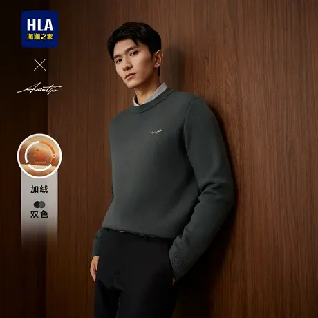 HLA/海澜之家轻商务加厚加绒圆领长袖针织衫24冬新保暖黑色毛衣男图片