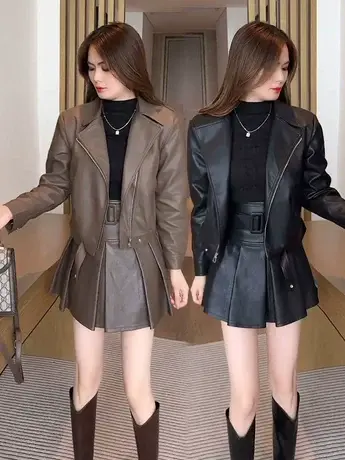 欧货西装领短款拉链皮衣短外套女2023秋新款韩版显瘦街头机车夹克图片
