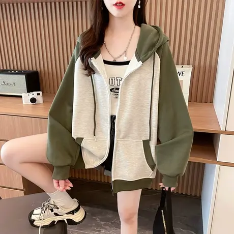 早秋连帽卫衣女春秋季韩版宽松大码薄款撞色初秋百搭学生开衫外套图片