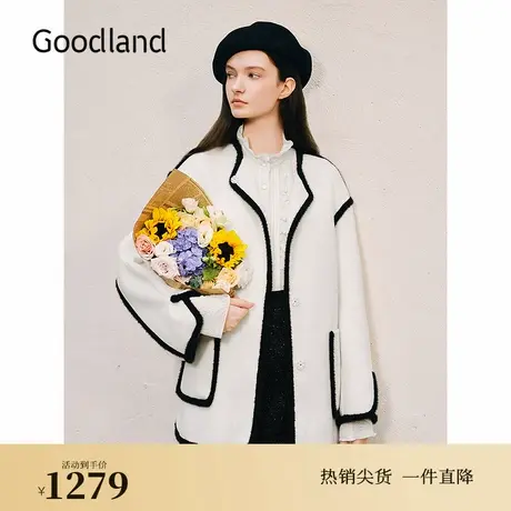Goodland美地2024冬季新款法式优雅羊毛黑白撞色一手长外套图片