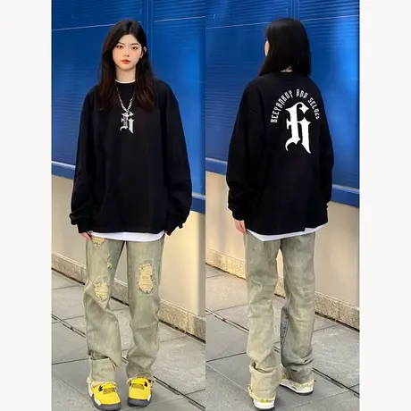 vintage美式街头风大码宽松圆领卫衣女ins潮秋冬加绒加厚黑色上衣商品大图