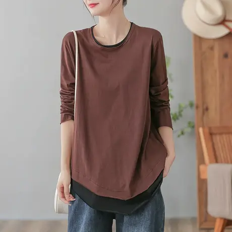 dza 复古假两件T恤女士内搭上衣春秋宽松休闲纯棉打底衫圆领长袖商品大图