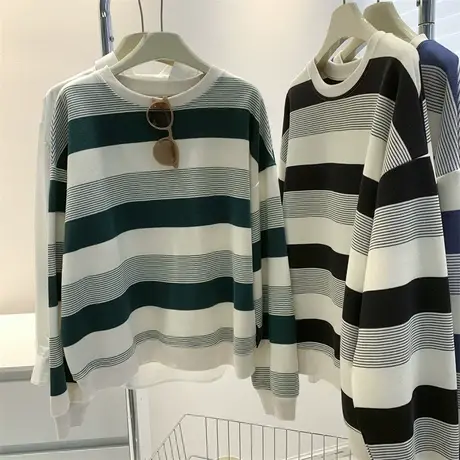 珠地棉宽条纹圆领套头卫衣女2023春季新款慵懒风上衣无帽卫衣韩版商品大图