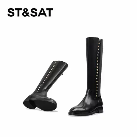 星期六铆钉大筒围平底侧拉链机车风珍珠冬季新款显瘦时尚复古靴女商品大图