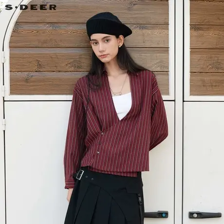 sdeer圣迪奥OL风翻领斜襟红条纹垂坠衬衫S24160502商品大图