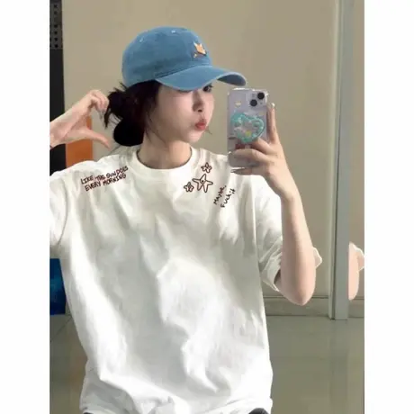 纯棉落肩白色短袖t恤女2025新款爆款设计感小众美式半袖宽松上衣图片