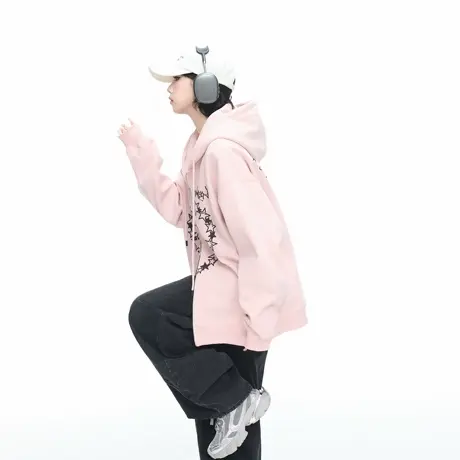YEP美式创意印花拉链开衫连帽卫衣外套女春秋新款宽松情侣款上衣商品大图