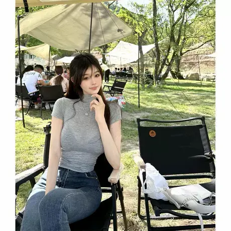别致甜辣很仙的上衣韩系纯欲气质灰色弹力紧身显身材高领短袖T恤图片