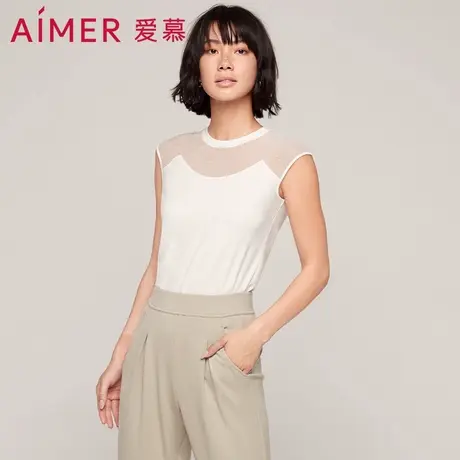 爱慕睡衣女可外穿内搭舒适百搭圆领小包袖白色无袖上衣AM725612商品大图