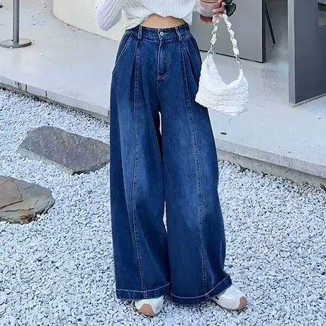 复古港风高腰阔腿牛仔裤女2025秋季新款宽松显瘦百搭时尚直筒长裤商品大图