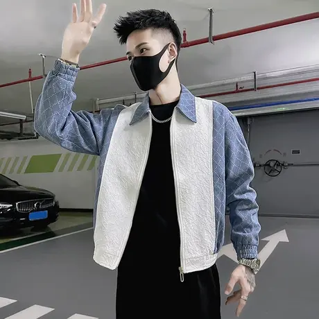 春秋季潮牌撞色拼接外套男潮流韩版痞帅2023新款个性短款机车夹克商品大图