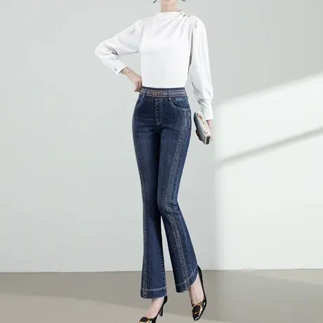 时尚烫钻微喇牛仔裤女2025春秋新款高腰修身显瘦松紧腰弹力喇叭裤商品大图