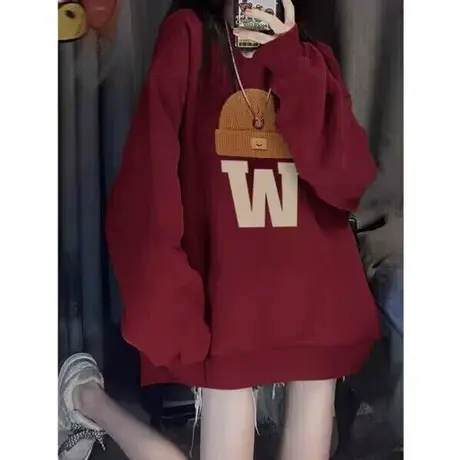 ina超火加绒加厚卫衣女春秋冬季宽松显瘦韩版圆领无帽上衣外套潮商品大图