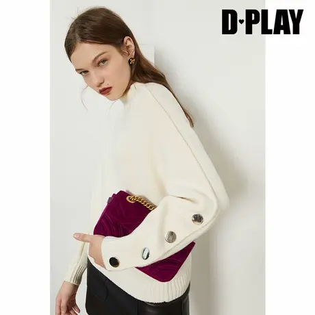 DPLAY德帕拉秋冬款香草白半高领复古毛衣金属扣宽松针织衫图片