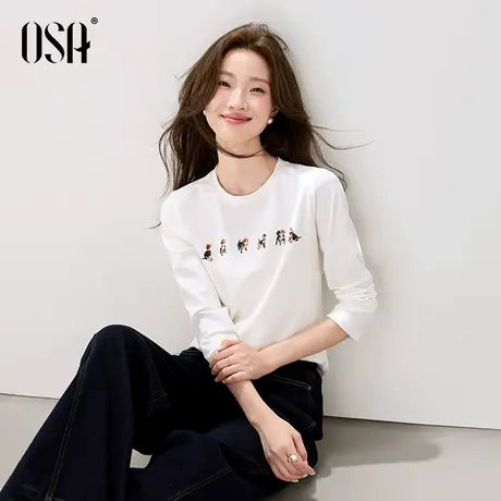 [新品] OSA欧莎小狗印花长袖T恤女2025秋季新款圆领体恤打底上衣图片