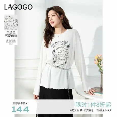 LAGOGO手绘风慵懒宽松长袖T恤女拉谷谷2025秋季新款印花休闲上衣商品大图