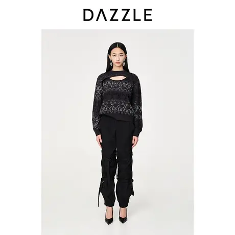 DAZZLE地素奥莱23春季新款镂空领设计羊毛混纺复古提花毛衣内搭图片