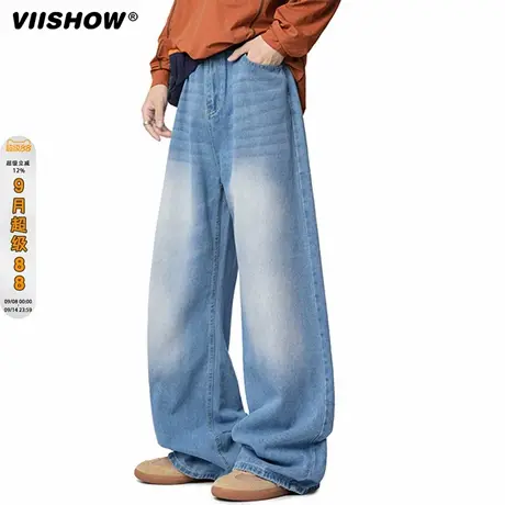 VIISHOW美式高街阔腿牛仔裤男2025秋季新款潮牌宽松直筒垂感长裤商品大图