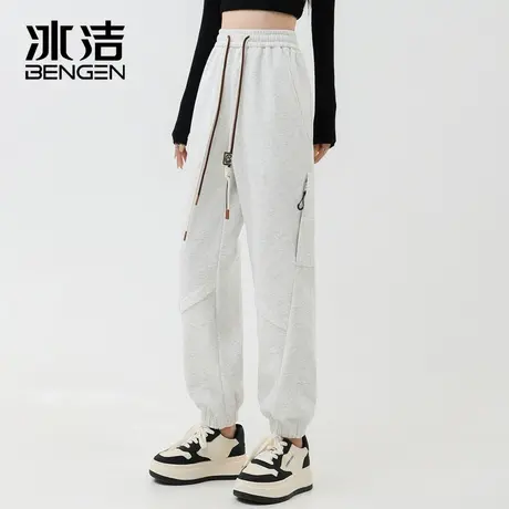 冰洁休闲裤女2023秋冬季新款纯色简约松紧腰抽绳百搭束脚长裤MYY商品大图
