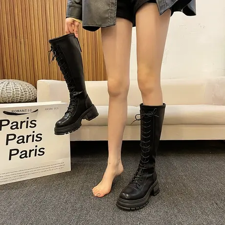长筒靴女2023新款秋冬季不过膝高筒骑士靴百搭小众厚底瘦瘦马丁靴图片