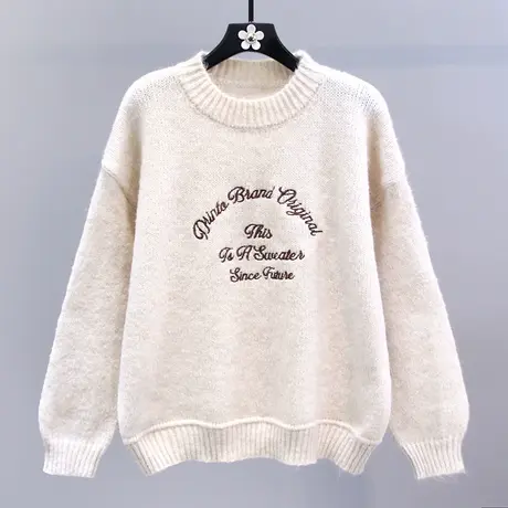 日系复古字母刺绣毛衣女秋冬2023新款宽松慵懒风软糯打底针织上衣商品大图