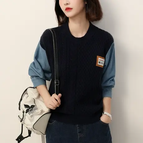 新品8.5折】设计感牛仔拼接套头毛衣女外穿针织衫上衣厚图片