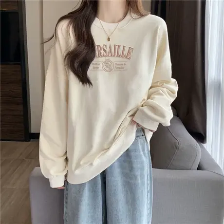 美式ins潮牌圆领卫衣女春秋冬季加绒加厚韩版宽松上衣无帽衫外套商品大图