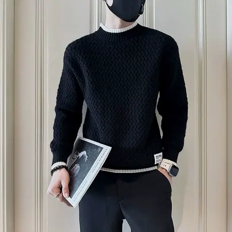 秋冬款拼色假两件套头毛衣男ins重磅潮牌打底线衣波纹内搭针织衫商品大图