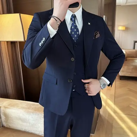 秋冬加厚藏青色西服男修身大码套装商务职业正装新郎伴郎结婚礼服商品大图