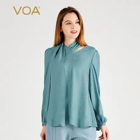 VOA桑蚕丝暗纹提花水蓝色V领灯笼袖不对称活页装饰直筒型真丝T恤图片