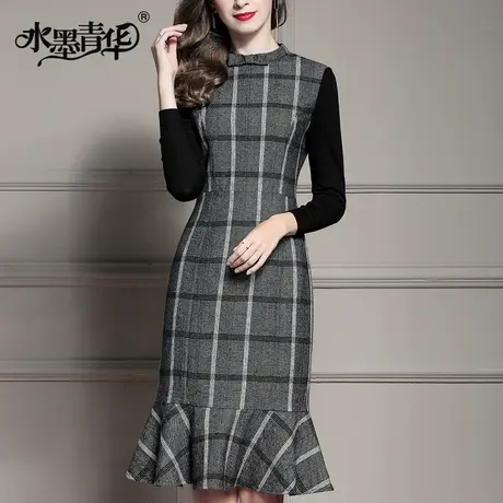 水墨青华冬装新品修身显瘦荷叶边裙时尚百搭长袖格子连衣裙商品大图