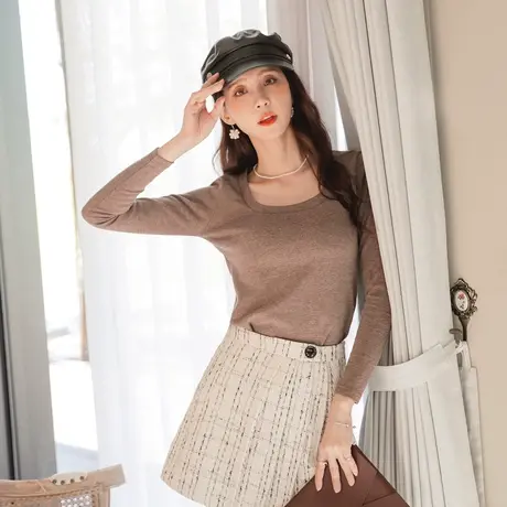 桔熊秋冬季韩版温暖纯色U领长袖打底衫上衣女装胖妹妹大码AB16107商品大图