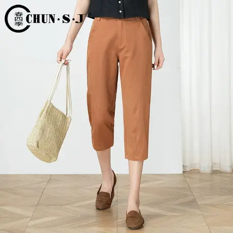 七分棉麻裤女夏季薄款棕色裤子休闲松紧腰哈伦亚麻女裤小个子中裤商品大图
