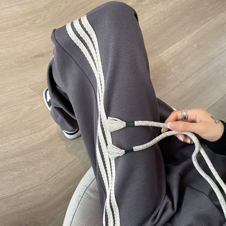 美式抽绳束脚灰色运动裤女2024春秋季新款高腰宽松三道杠休闲卫裤商品大图