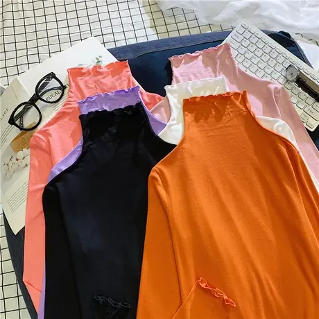 打底衫2023年新款韩版长袖t恤女秋冬半高领木耳边薄款内搭上衣商品大图