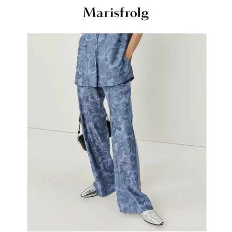 玛丝菲尔夏季新款长春花蓝花纹刺绣薄款舒适休闲裤图片