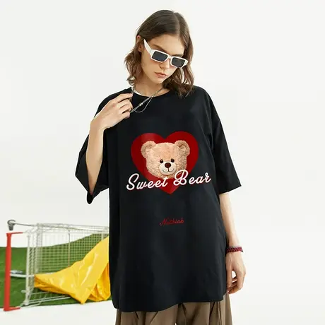 美式可爱风小熊短袖T恤男潮中性风潮流ins宽松oversize情侣半袖商品大图