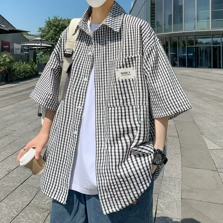 格子短袖衬衫男士夏季五分半袖男寸衫港风外套青少年百搭休闲衬衣商品大图