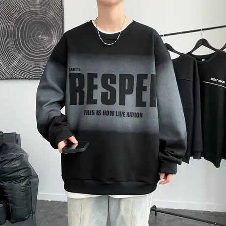 圆领长袖t恤男士春秋款美式字母印花卫衣男青少年宽松港风打底衫T商品大图