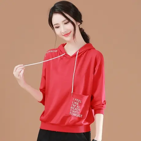 韩潮袭人2023秋装新款套头卫衣女士宽松韩版字母印花连帽红色上衣图片